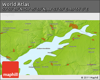 Physical 3D Map of the Area around 54° 3' 9" N, 49° 22' 30" E