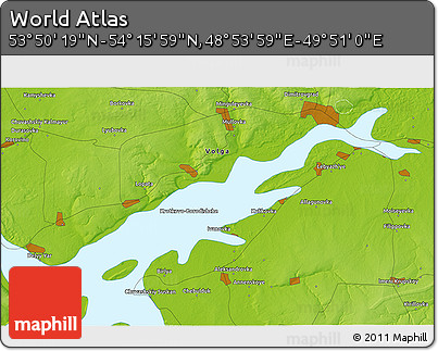 Physical 3D Map of the Area around 54° 3' 9" N, 49° 22' 30" E