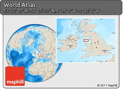 Shaded Relief Location Map of the Area around 54° 3' 9" N, 4° 10' 30" W