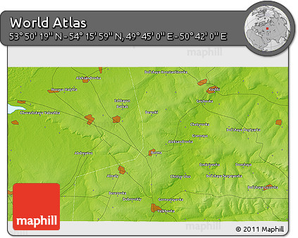 Physical 3D Map of the Area around 54° 3' 9" N, 50° 13' 30" E