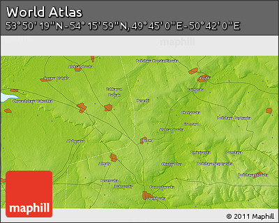 Physical 3D Map of the Area around 54° 3' 9" N, 50° 13' 30" E