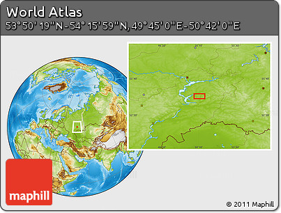 Physical Location Map of the Area around 54° 3' 9" N, 50° 13' 30" E