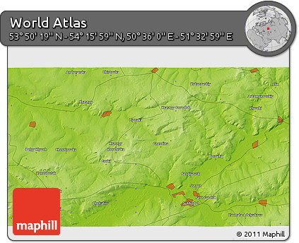 Physical 3D Map of the Area around 54° 3' 9" N, 51° 4' 30" E