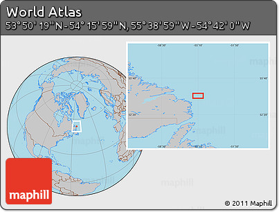 Gray Location Map of the Area around 54° 3' 9" N, 55° 10' 29" W