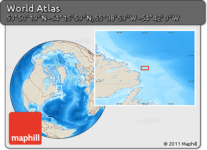 Shaded Relief Location Map of the Area around 54° 3' 9" N, 55° 10' 29" W
