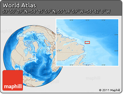Shaded Relief Location Map of the Area around 54° 3' 9" N, 55° 10' 29" W