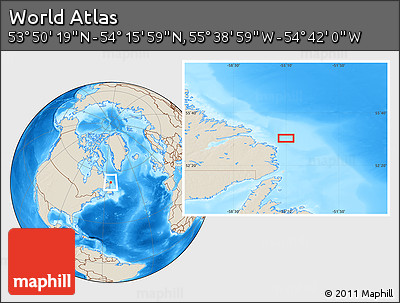 Shaded Relief Location Map of the Area around 54° 3' 9" N, 55° 10' 29" W
