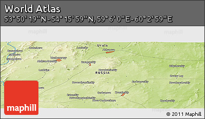 Physical Panoramic Map of the Area around 54° 3' 9" N, 59° 34' 30" E