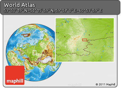 Physical Location Map of the Area around 54° 3' 9" N, 60° 25' 29" E