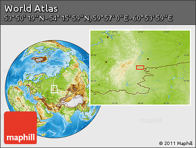 Physical Location Map of the Area around 54° 3' 9" N, 60° 25' 29" E