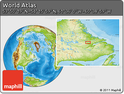 Physical Location Map of the Area around 54° 3' 9" N, 61° 7' 30" W