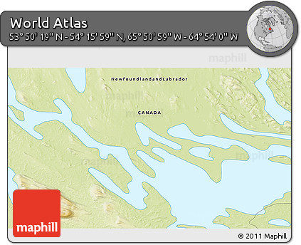 Physical 3D Map of the Area around 54° 3' 9" N, 65° 22' 30" W