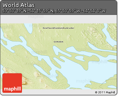 Physical 3D Map of the Area around 54° 3' 9" N, 65° 22' 30" W