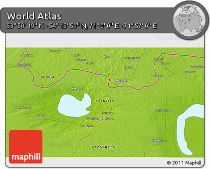 Physical 3D Map of the Area around 54° 3' 9" N, 71° 28' 29" E