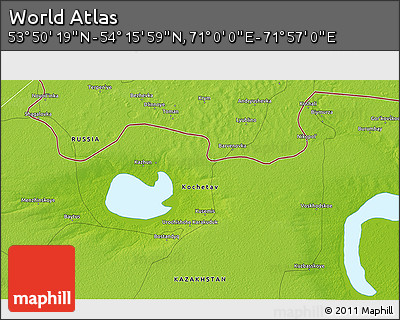 Physical 3D Map of the Area around 54° 3' 9" N, 71° 28' 29" E