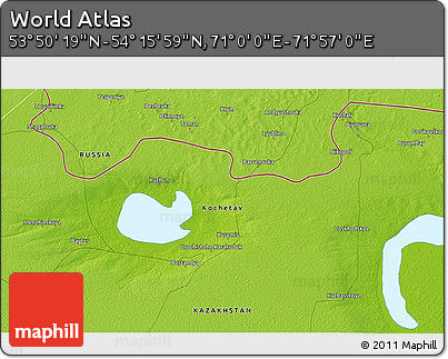 Physical 3D Map of the Area around 54° 3' 9" N, 71° 28' 29" E