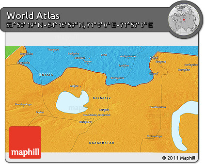 Political 3D Map of the Area around 54° 3' 9" N, 71° 28' 29" E