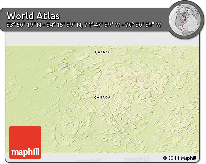 Physical 3D Map of the Area around 54° 3' 9" N, 71° 19' 29" W