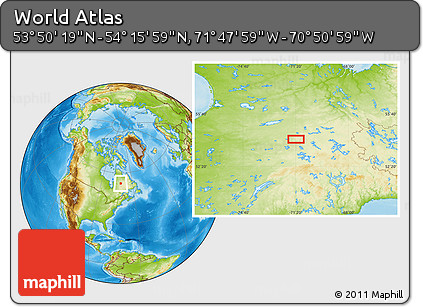 Physical Location Map of the Area around 54° 3' 9" N, 71° 19' 29" W