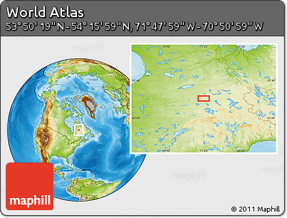 Physical Location Map of the Area around 54° 3' 9" N, 71° 19' 29" W