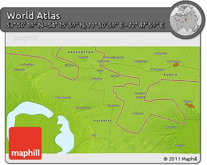 Physical 3D Map of the Area around 54° 3' 9" N, 72° 19' 29" E
