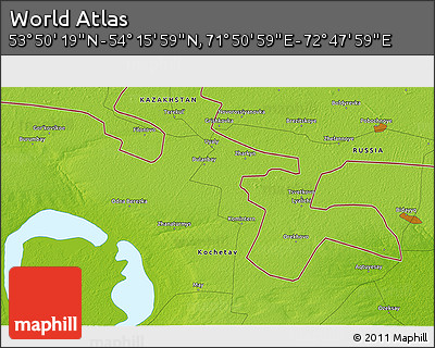 Physical 3D Map of the Area around 54° 3' 9" N, 72° 19' 29" E
