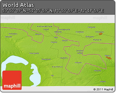 Physical 3D Map of the Area around 54° 3' 9" N, 72° 19' 29" E