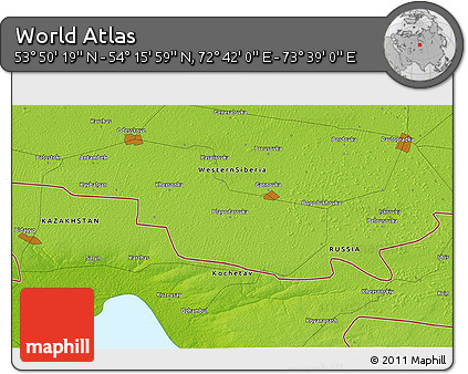 Physical 3D Map of the Area around 54° 3' 9" N, 73° 10' 30" E