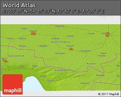 Physical 3D Map of the Area around 54° 3' 9" N, 73° 10' 30" E