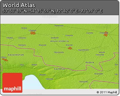 Physical 3D Map of the Area around 54° 3' 9" N, 73° 10' 30" E