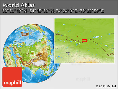 Physical Location Map of the Area around 54° 3' 9" N, 74° 52' 30" E