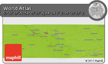 Physical Panoramic Map of the Area around 54° 3' 9" N, 74° 52' 30" E