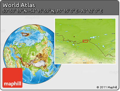 Physical Location Map of the Area around 54° 3' 9" N, 75° 43' 29" E