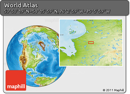 Physical Location Map of the Area around 54° 3' 9" N, 75° 34' 29" W