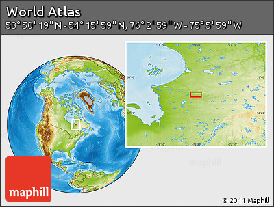 Physical Location Map of the Area around 54° 3' 9" N, 75° 34' 29" W