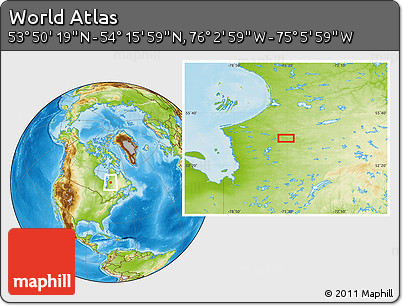Physical Location Map of the Area around 54° 3' 9" N, 75° 34' 29" W