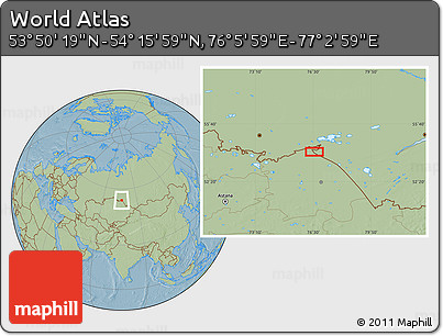 Savanna Style Location Map of the Area around 54° 3' 9" N, 76° 34' 29" E, hill shading