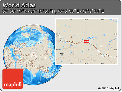 Shaded Relief Location Map of the Area around 54° 3' 9" N, 76° 34' 29" E