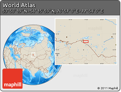 Shaded Relief Location Map of the Area around 54° 3' 9" N, 77° 25' 30" E