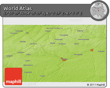Physical 3D Map of the Area around 54° 3' 9" N, 82° 31' 30" E