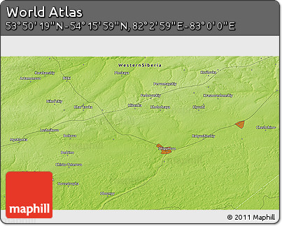 Physical 3D Map of the Area around 54° 3' 9" N, 82° 31' 30" E