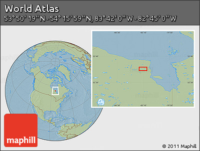 Savanna Style Location Map of the Area around 54° 3' 9" N, 83° 13' 29" W, hill shading