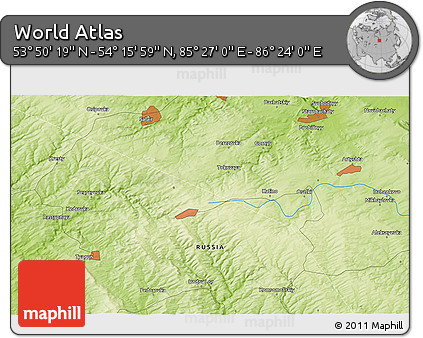 Physical 3D Map of the Area around 54° 3' 9" N, 85° 55' 30" E