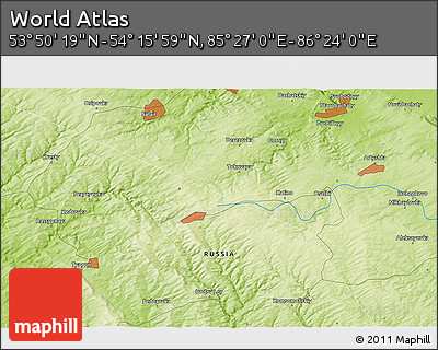 Physical 3D Map of the Area around 54° 3' 9" N, 85° 55' 30" E