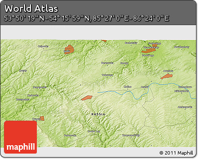 Physical 3D Map of the Area around 54° 3' 9" N, 85° 55' 30" E