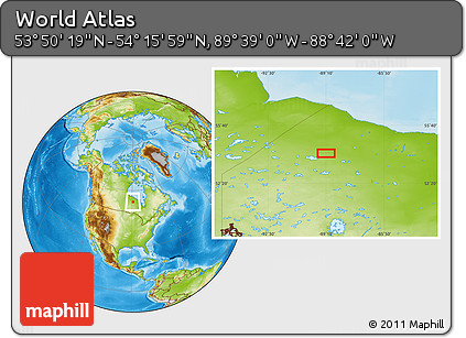 Physical Location Map of the Area around 54° 3' 9" N, 89° 10' 30" W