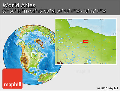 Physical Location Map of the Area around 54° 3' 9" N, 89° 10' 30" W