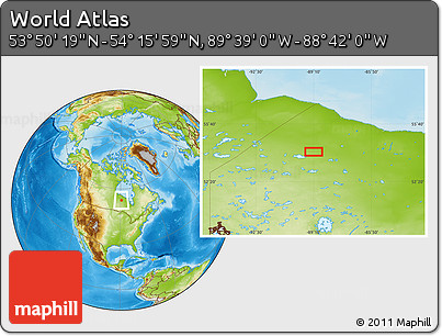 Physical Location Map of the Area around 54° 3' 9" N, 89° 10' 30" W