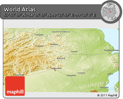 Physical 3D Map of the Area around 54° 3' 9" N, 91° 1' 30" E