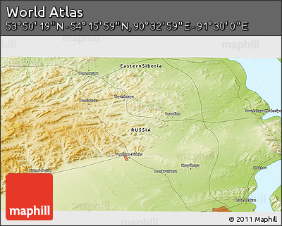 Physical 3D Map of the Area around 54° 3' 9" N, 91° 1' 30" E